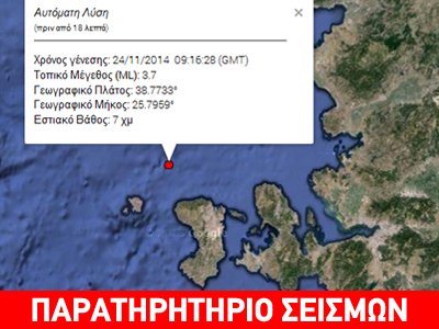 Ασθενής δόνηση 3,8R βορειοδυτικά της Χίου